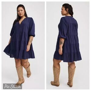 NWT TORRID Plus Sz 0 Y Neck Tiered Mini Dress Navy 3/4 Sleeve Milkmaid Peasant
